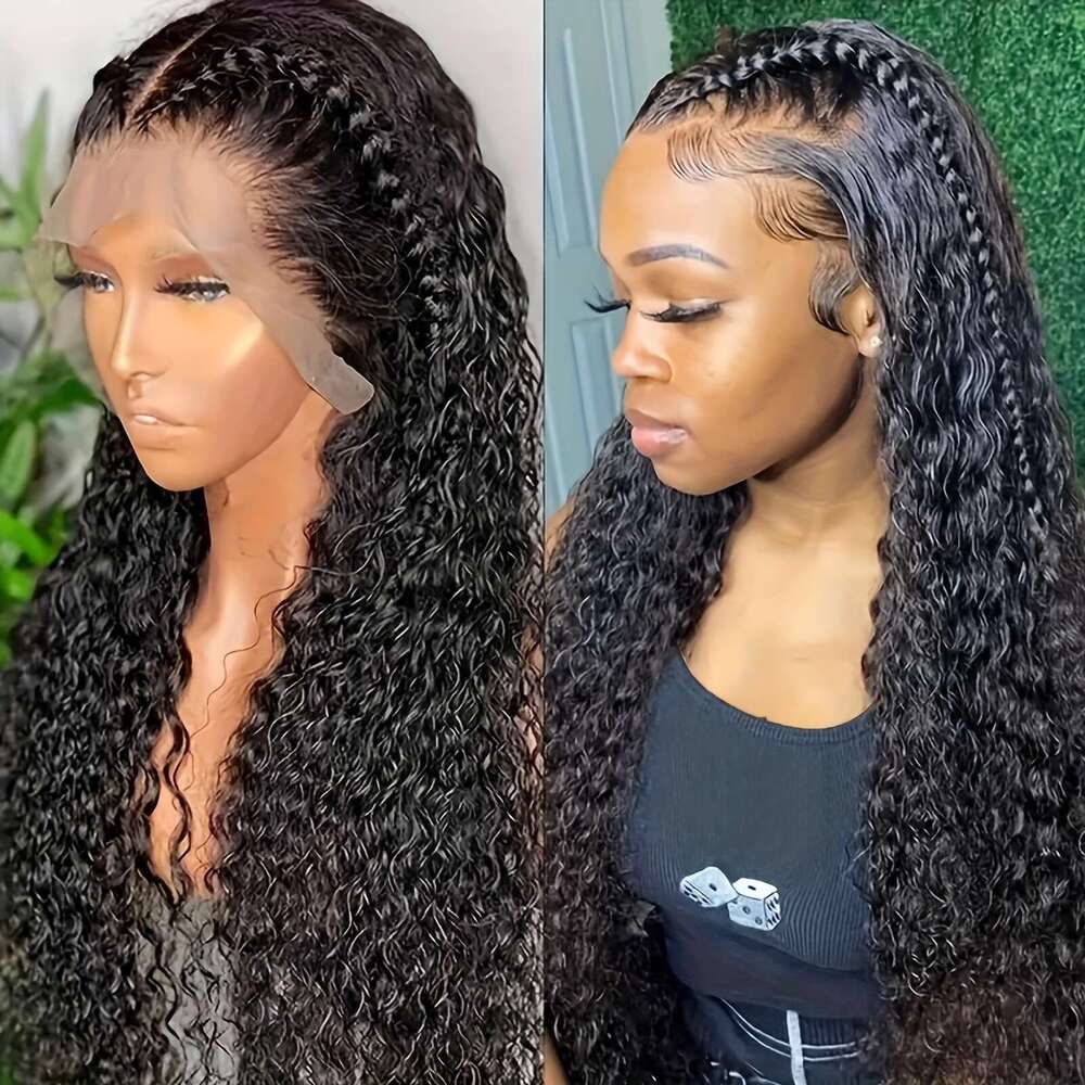 Black 200% Density Long Heat Resistant 13X4 Front Women - Pre-Plucked Hairline, 24 Inch Deep Water Wave Synthetic Lace Frontal With Transparent HD Lac