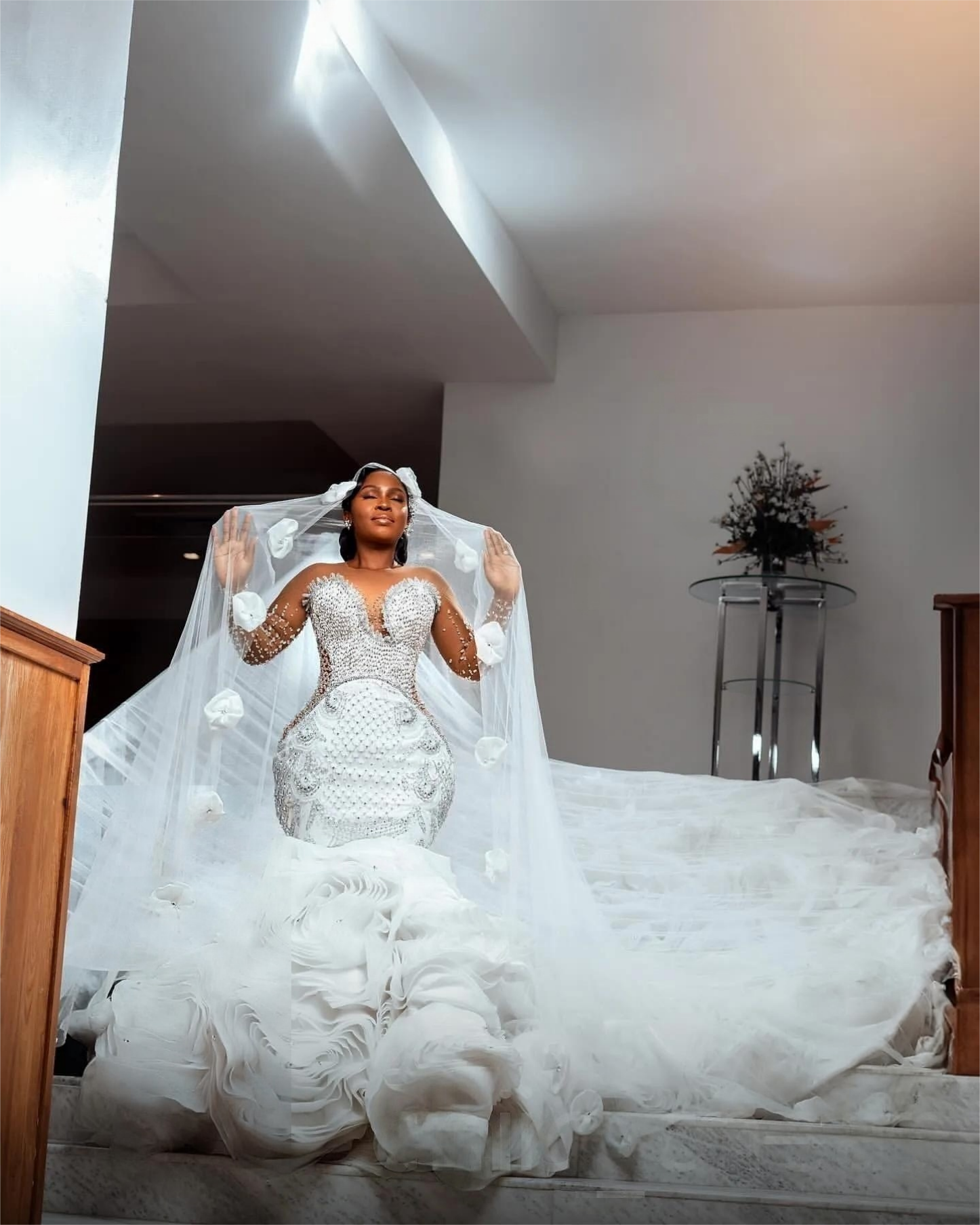 Arabic Aso Ebi Plus Size Mermaid Wedding Dress in White with Crystals Beaded Tiers and Luxurious Organza