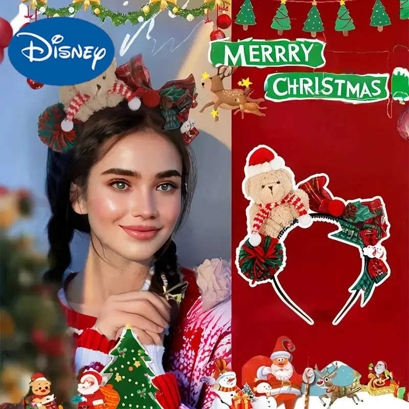 Disney 1 senior Christmas plush teddy bear headband with red and green plaid bow Christmas hat and scarf winter celebration H251027