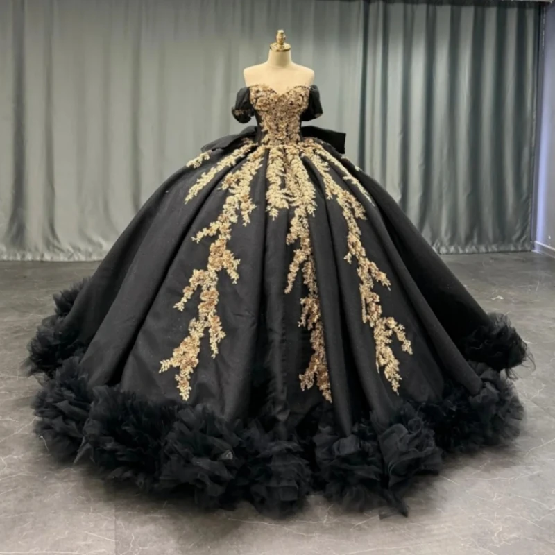 Black Quinceanera Dresses Off The Shoulder Applique Flower Beading Bow Corset Tull Party Birthday Sweet 16 Dress Vestidos 15 De Anos