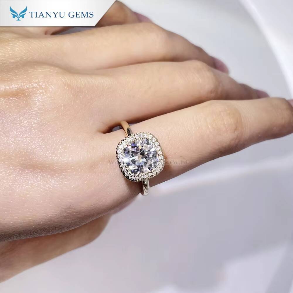 Tianyu Gems Custom Made 10k Yellow Gold Cushion Moissanite 85mm and halo Engagement Ring for Women
