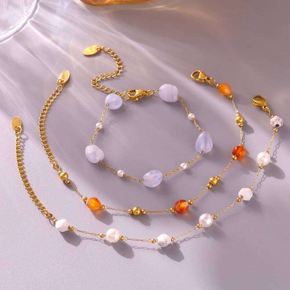 Gorgeous Orange Beige Necklace Bracelet Women Set Stainless Steel Nature Stones Beaded Pendant Female Necklaces Jewelry
