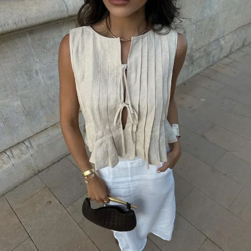 Trendix Solid Rib Bandage Sleeveless Vest For Women Hollow Out Patchwork Folds Slim Tank Tops Summer Fashion Sexy Lace Up Vest 251027