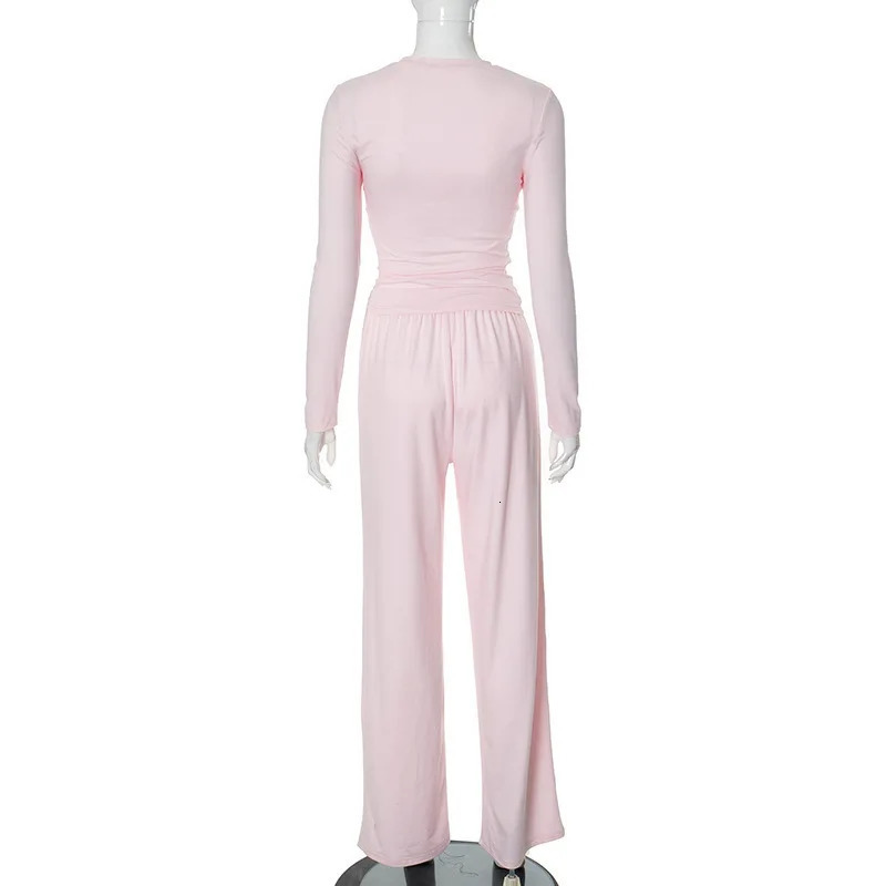 Apprabant Solid Pleated Casual Basic Trousers Set Round Neck Long Sleeve Top Fashion Sports Style High Waist Wide Leg Pants Suit 251013