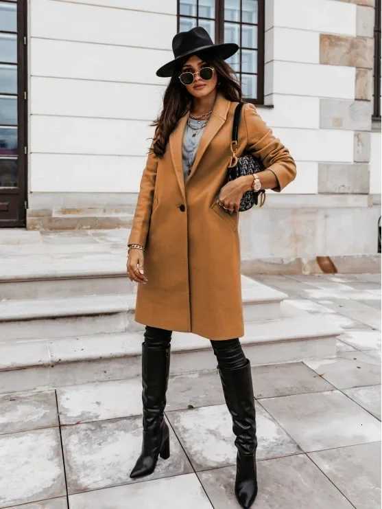 Womens MidLength Wool Coat Autumn Winter Solid Color Lapel Button Overcoat M251027