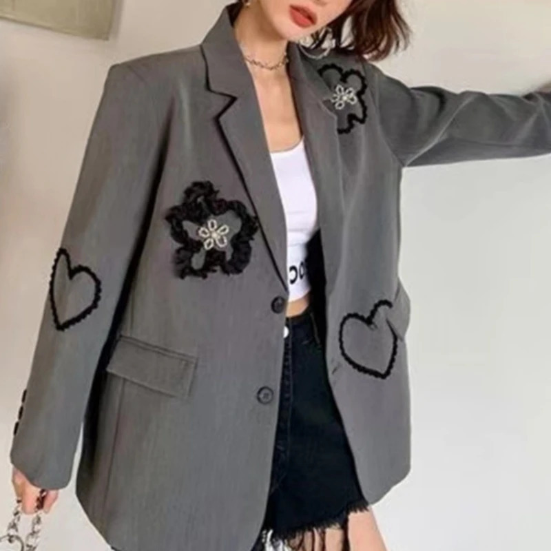 Blazers Women Ins Threedimensional Flower Embroidery Casual Temperament Korean Fashion Loose Fit Unique Coats Autumn Female Y2k 251027