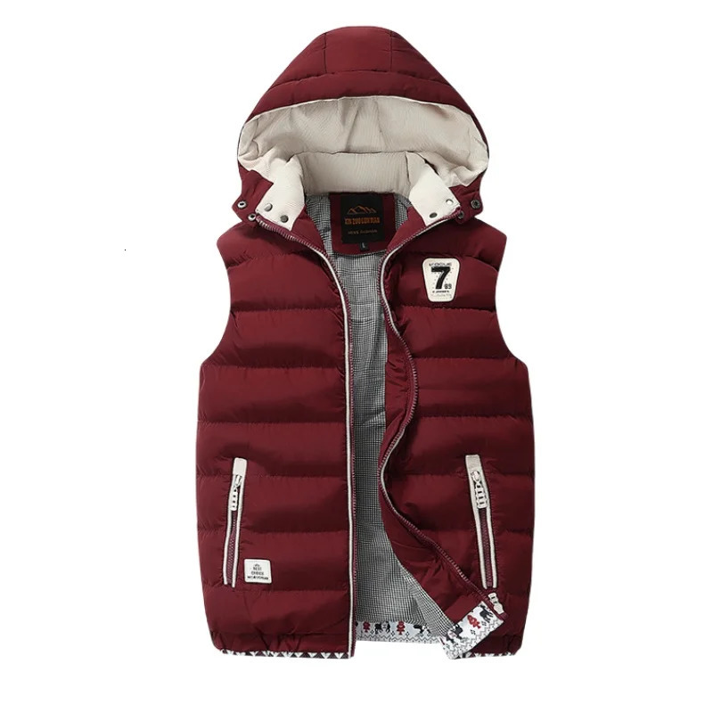Autumn Winter Mens Hooded Sleeveless Vest Casual Slim Fit Stand Collar Down Cotton Waistcoat Outdoor Fleece Thick Padded Vest 251024