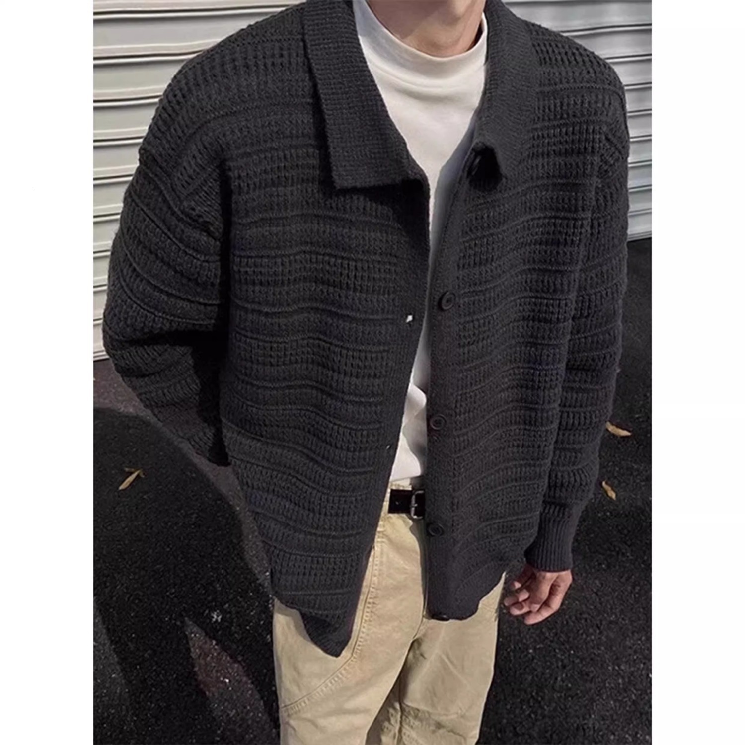 Dark Gray Knitted Cardigan Jacket For Men Autumn And Winter Lazy Style Designer Sweater High-end Feel Cleanfit Turn-down Collar Sweater