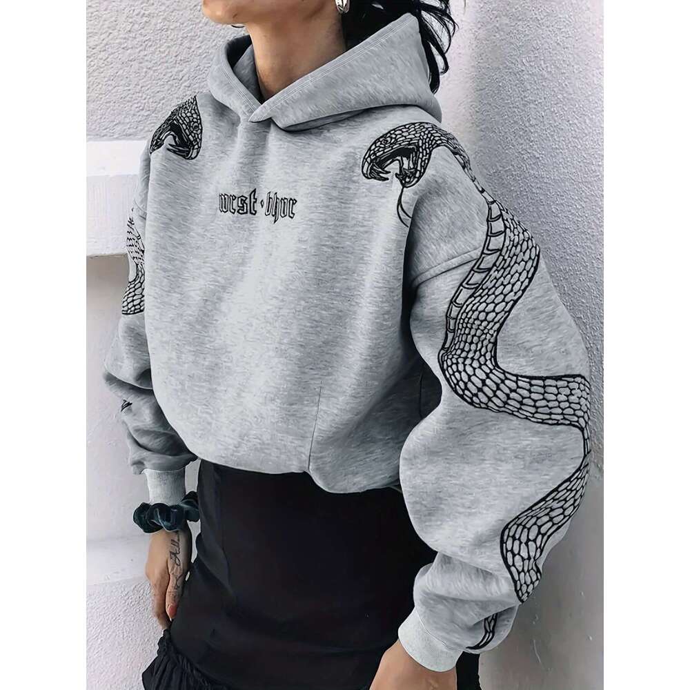 Y2k-Inspired Snake & Letter Print Hoodie - Cozy Polyester, Hine Washable, Women's Fashion For Fall/Winter hoodies women