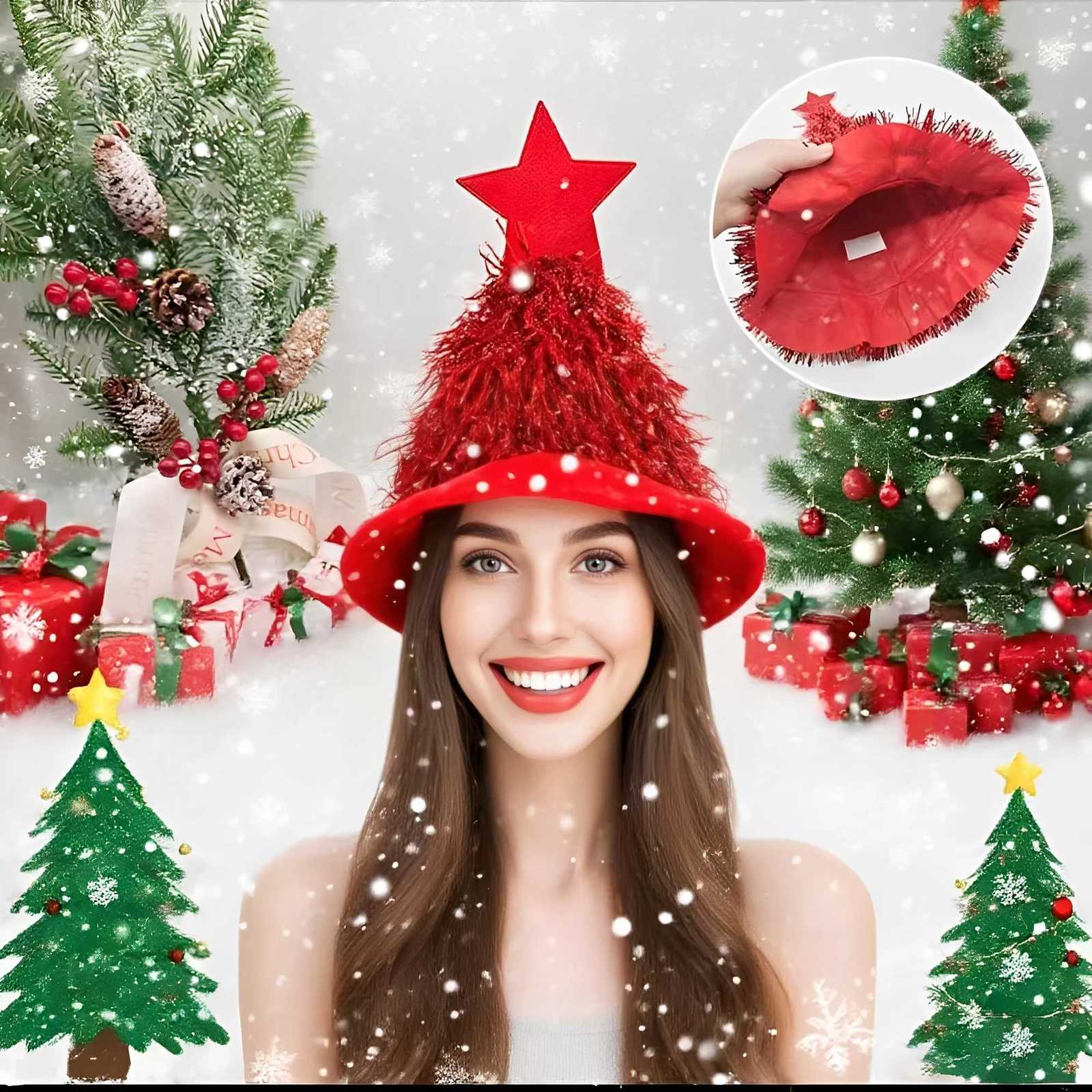 Christmas Tree Hats Fabric Rain Silk Hat for Adults Kids Funny Santa Hat with Tinsel Xmas Holiday Party Costume New Year DecorW251027