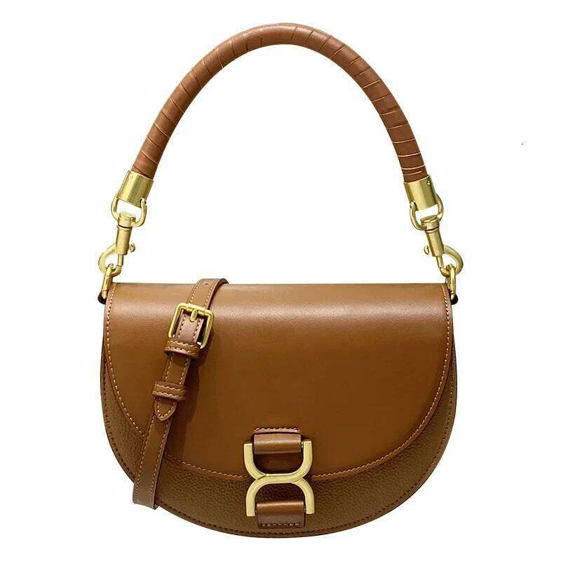 Genuine Leather Handbag for Women, Small Underarm Saddle Moon Tooth Shoulder Bag, Fashionable, Medium Hardness, Shell Shape
