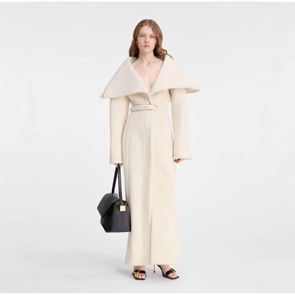 Elegant Women's Woolen Coat Lapel Full Sleeve Button Lady Long Coats With Belt 2025 Autumn Winter Fashion Female Streetwear