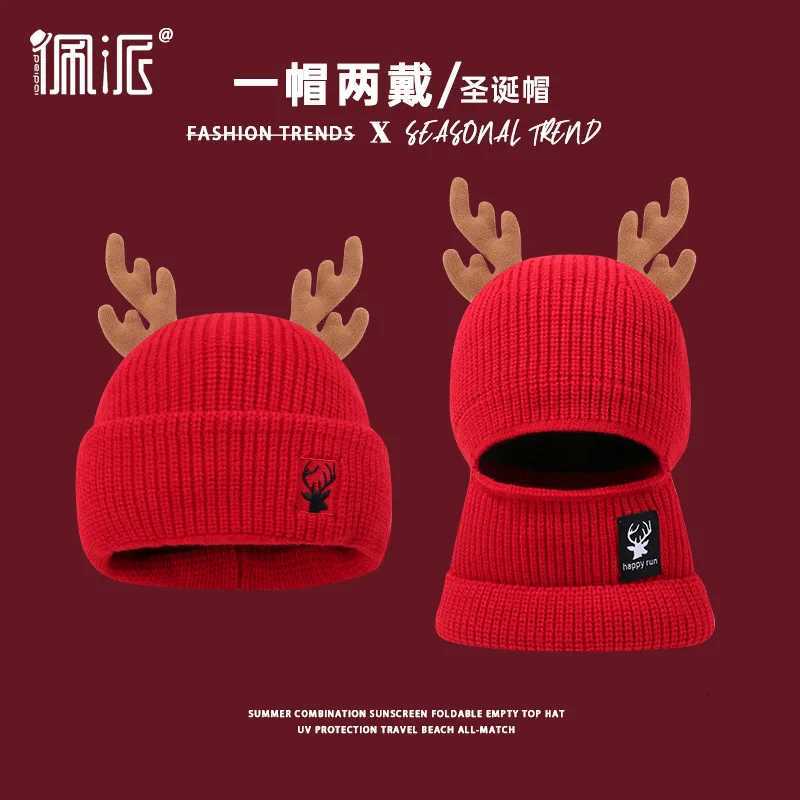 Christmas Balaclava Antler Foldable Two Way Knit Hat Red New Year Warm BeanieW251027