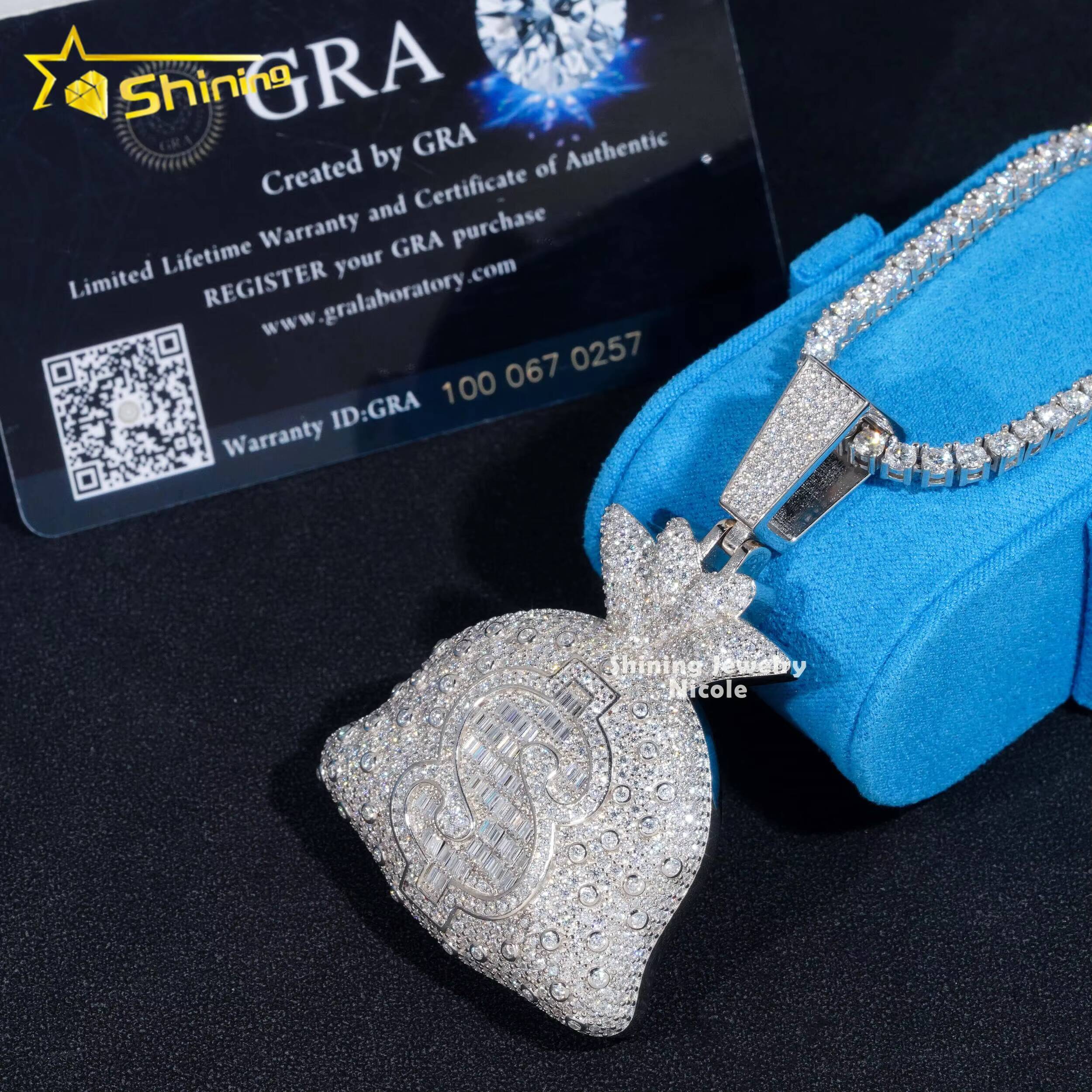 Moissanite Jewelry Hip Hop Style Money Bag 925 Silver Iced Out Diamond Pendant for Men