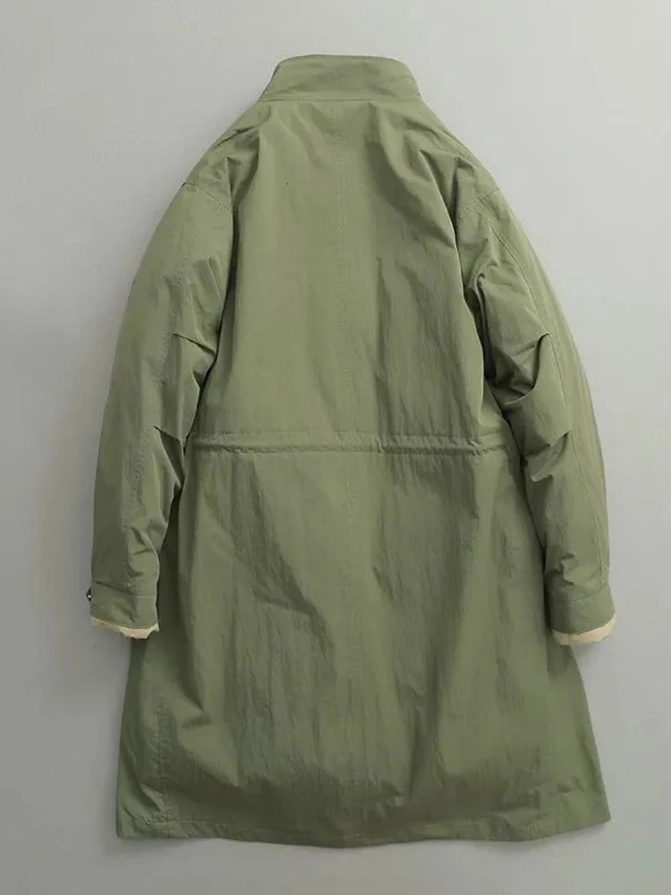Cotton Padded Parka Army Green Vintage Two Piece Stand Collar Long Jacket Women Drawstring Big Pocket Coat 251027