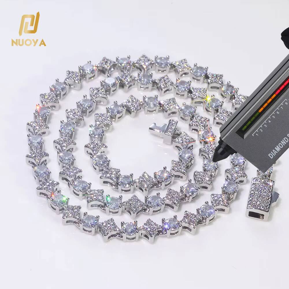NUOYA Hiphop Custom Star Shape Round Cut Shiny VVS Moissanite Chain 6mm 925 Sterling Silver Tennis Chain Womens Fine Jewelry