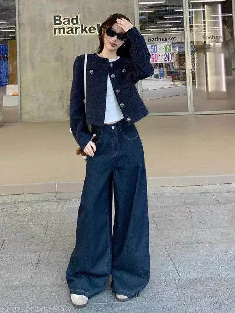 Korean Fashion Womens Short Coat in Autumn and Winter Office Lady Dark Blue Tweed Long Sleeve Crew Neck Elegant Jackets 251027