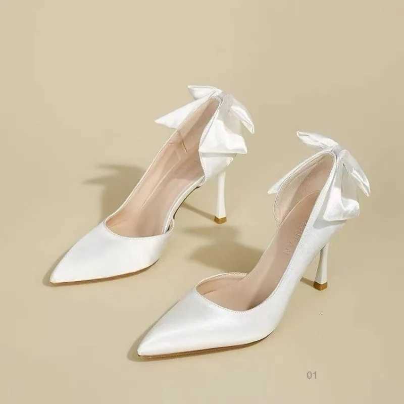 High Heel Single Shoes Summer New Pointed Head Satin Butterfly Knot Set Foot Antislip Wearresistant Heel ShoesXJ251027