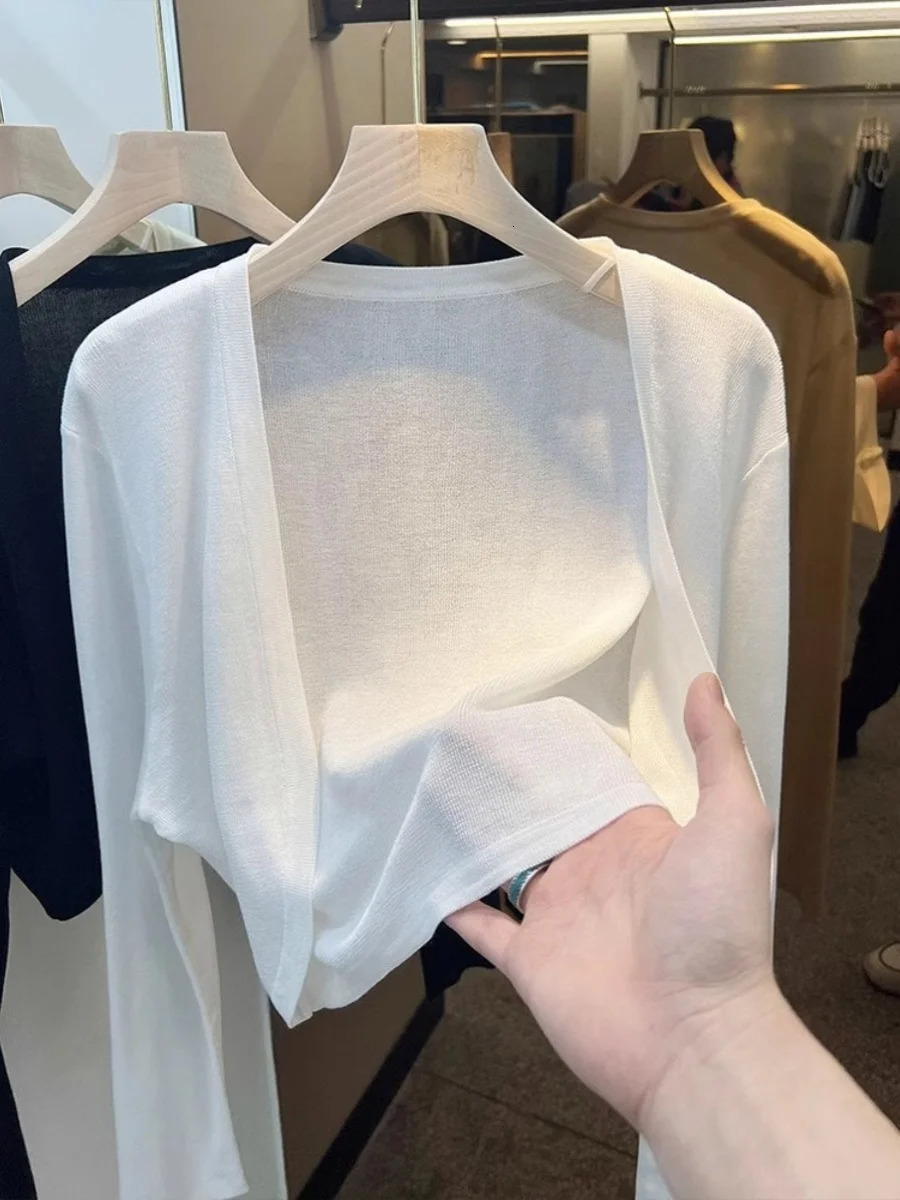 Short Ice Silk Knitted Sun Protection Cardigan Womens Thin Summer Suspender Skirt Layered Gauze Jacket Airconditioned Cover Up 251027