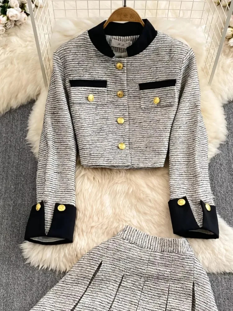 Fashion Set for Women Autumn Winter Tweed High Collar Short Wool Jacket TwoPiece HighWaisted ALine Pleated skirt suits 251023