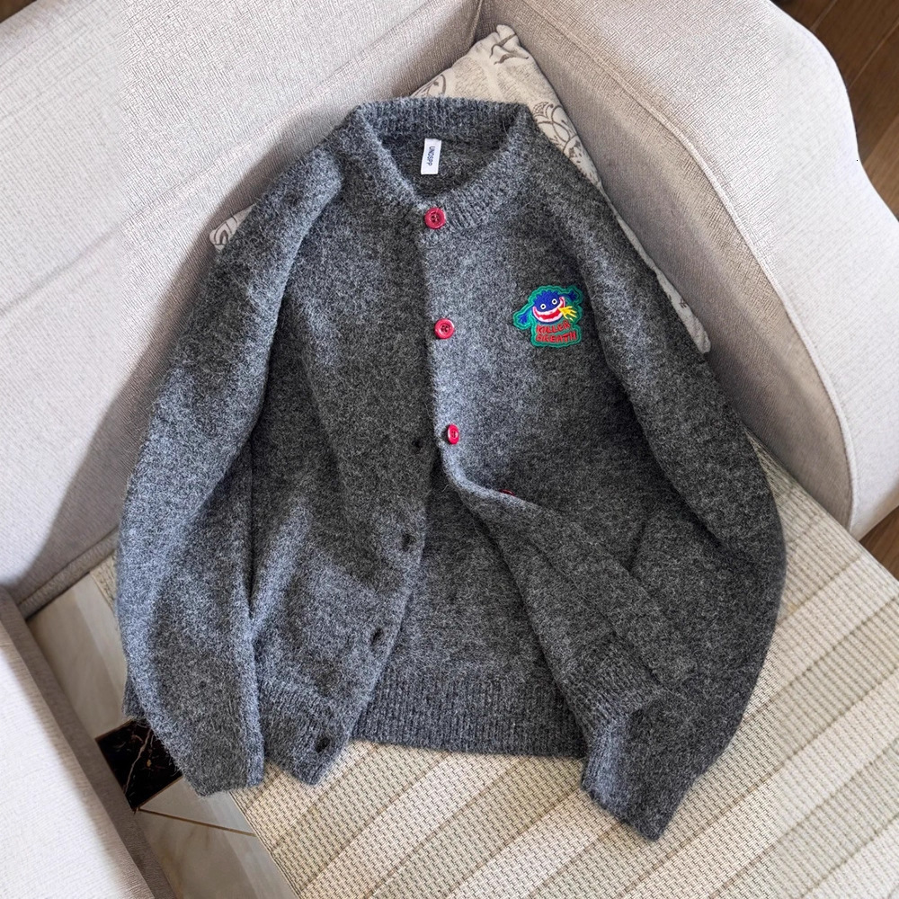 Cartoon Embroidered Designer Sweater Label Gray High-end Sweater Knitted Cardigan Autumn Winter Lazy Casual Couple Top Sweater Trendy