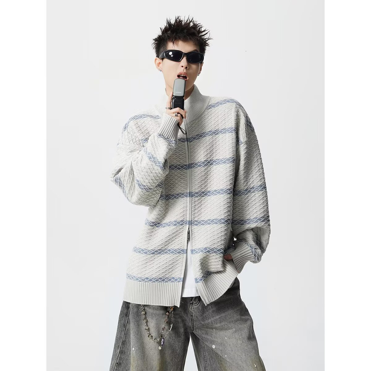 Striped Stand Collar Patchwork Knit Designer Sweater Sweater For Men Autumn American Style Loose Casual Sweater Youth Loose Cardigan Jacket