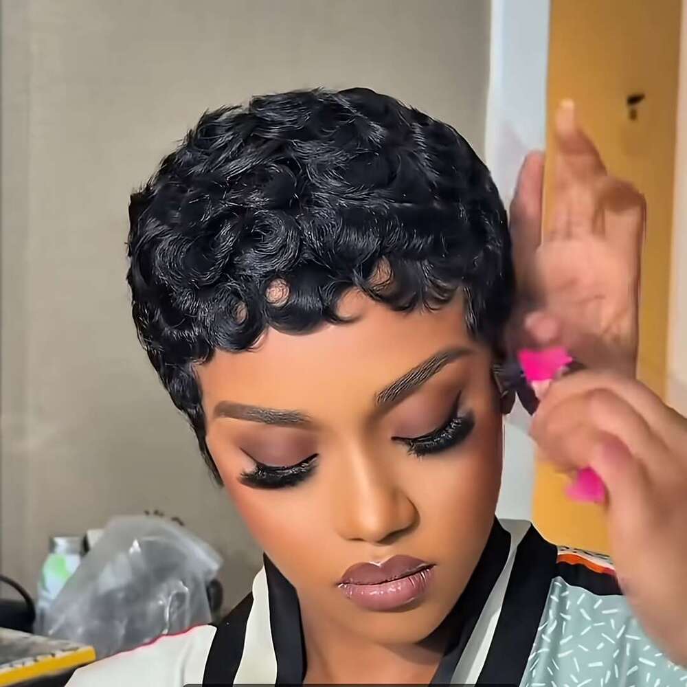Women's Virgin Human Pixie Cut - Glueless Layered Curly Wavy With Bangs, Natural Black 180% Density Rose Net Cap, Elegant Short Hair Wig For Wome