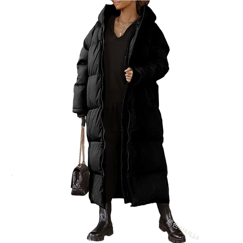 Parkas Women Long Coats Hooded Full Sleeve Thick Warm Solid Y2k Streetwear Elegant Splice Zipper Coat Outerwear Autumn Winter 251027