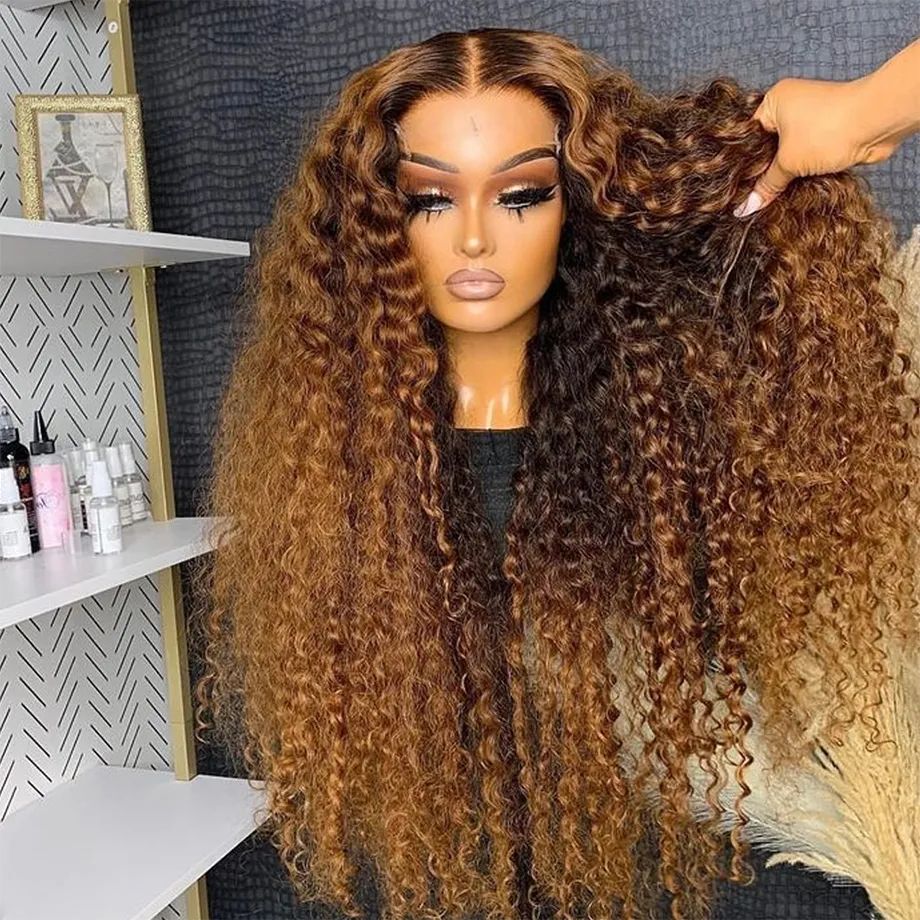 200% Density 4/27 Deep Wave Wigs Glueless 360 Lace Frontal Wigs Human Hair Highlight Ombre Brown Curly Lace Wigs For Women