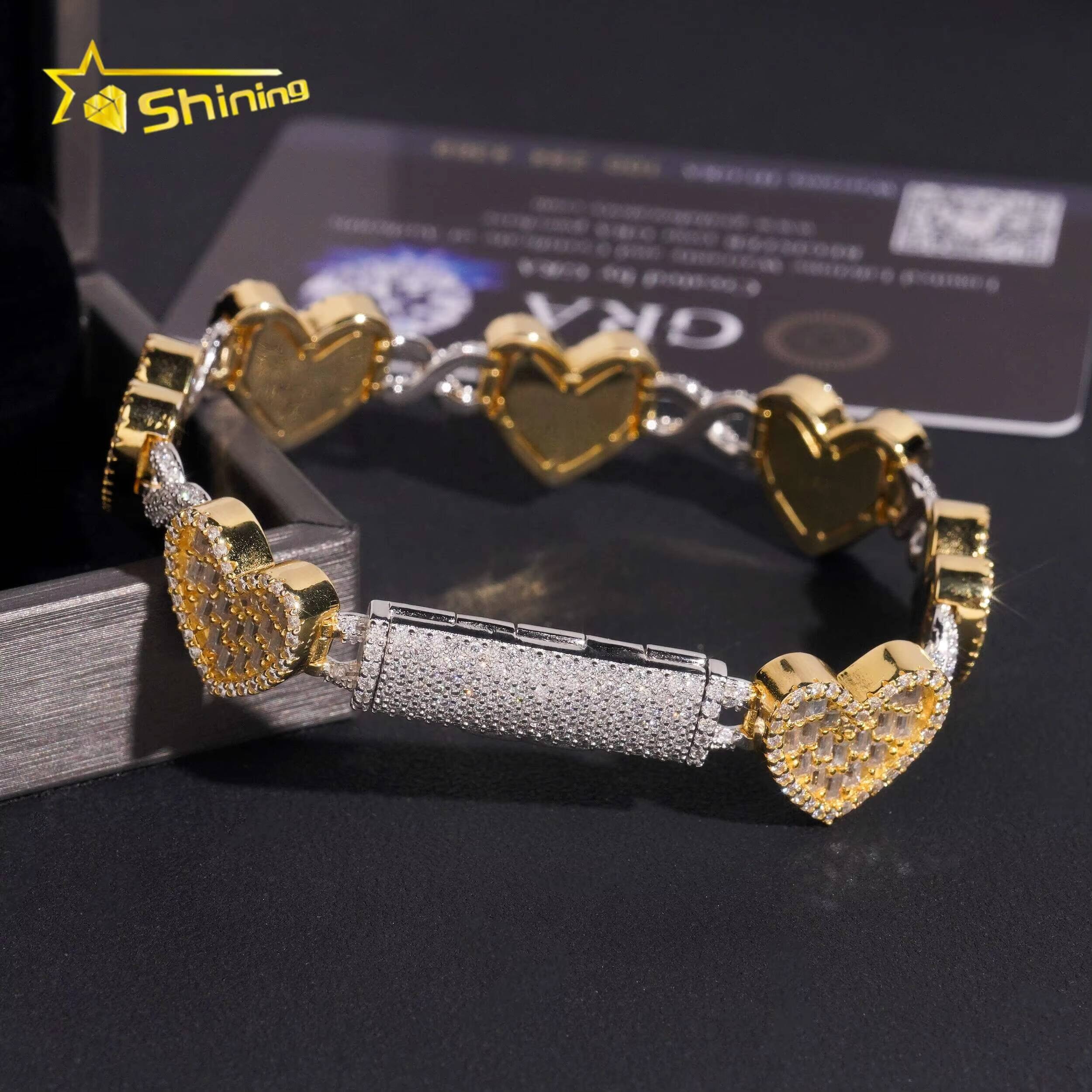 Bling Jewelry 925 Silver Hip Hop Two Tone 14mm Heart Iced Out GRA Certified Moissanite Bracelet