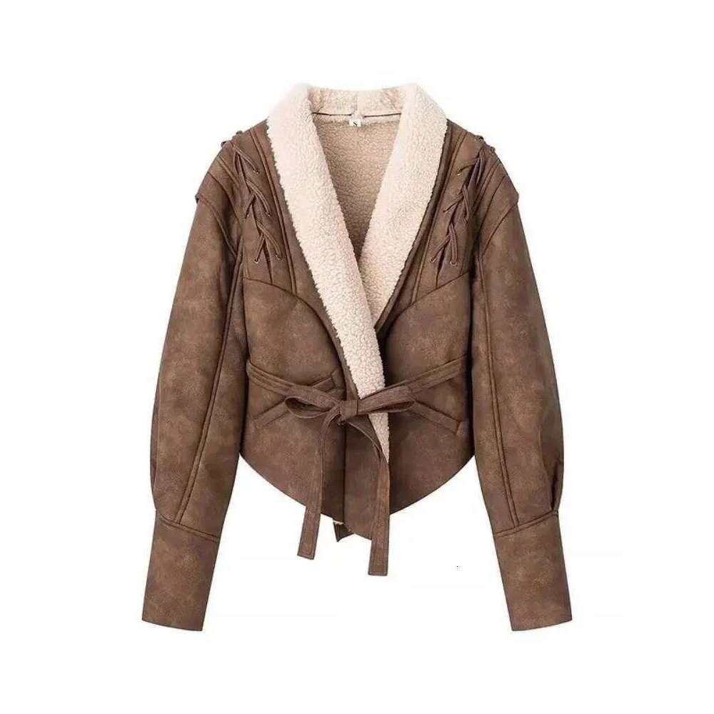 Leather Women's With Belt Fur Coat Streetwear Fashion Solid Outwear Woman Elegant Jackets Chaqueta De Cuero Para Mujer