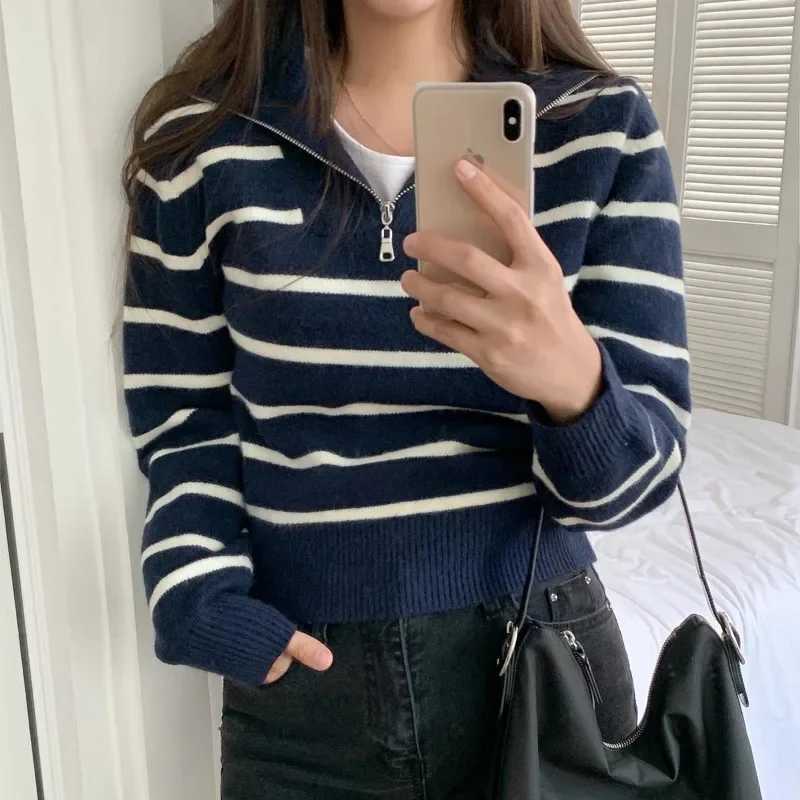 Fashion New Autumn and Winter Striped Zipper Turn Down Collar Womens Long Sleeve Sweater Elegant Casual Straight Knitwear TopT251027