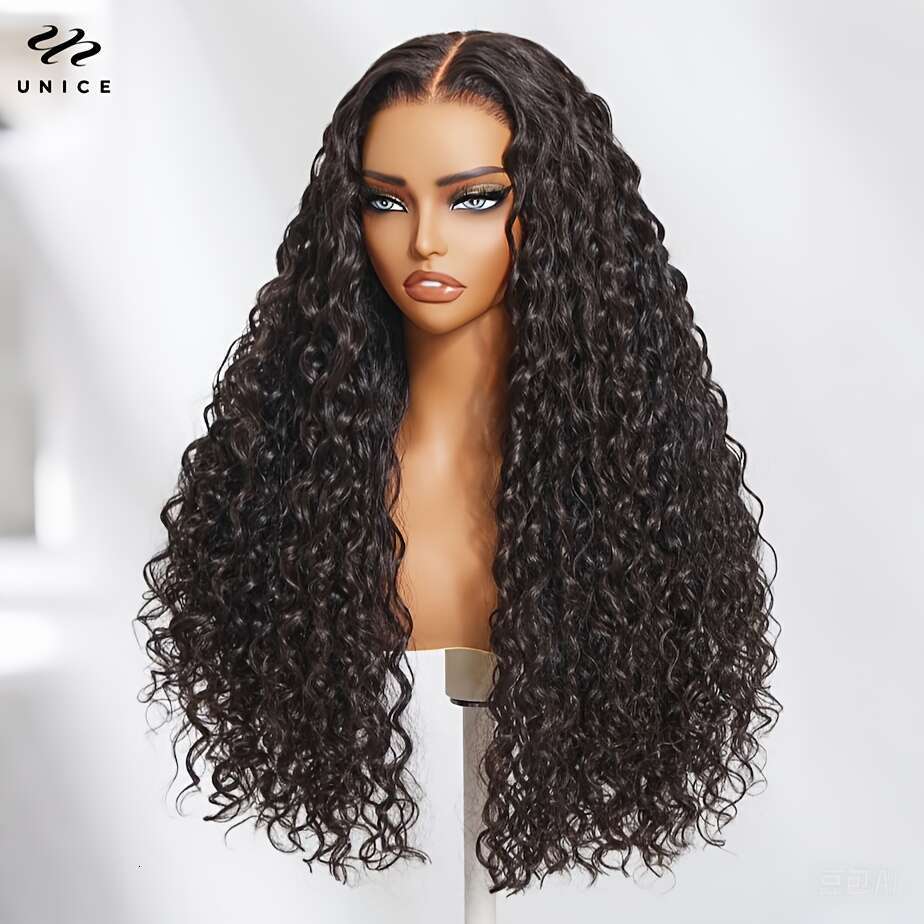 UNICE Bye Knots Water Wave 7X5 Lace Front Wigs With Elastic Drawstring Glueless Human Hair Plucked Pre Cut Bleached Knots, Protective Hairstyle, Natur