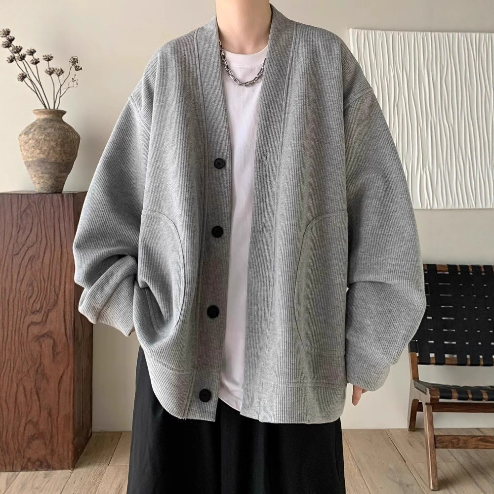 V-neck Waffle Jacket Lazy Style Spring And Autumn Handsome Men's Suit High-end Casual Designer Sweater Jacket For Men