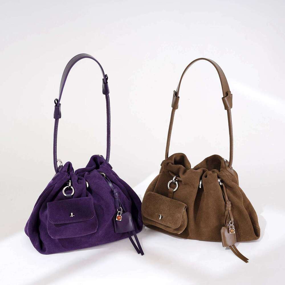 Designer Cowhide Suede Crossbody Shoulder Bag,Genuine Leather Drawstring Lucky Handbag,Women Casual Cloud Pleated Sling Bag