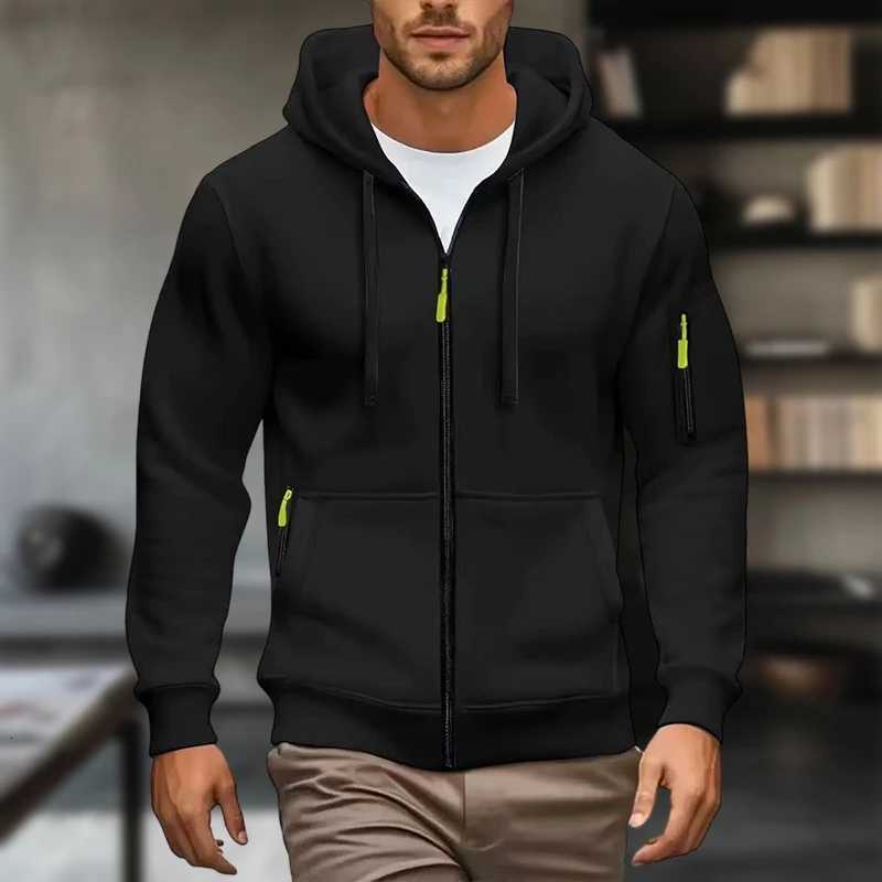 Mens solid color zipper hoodie with side pockets fashionable long sleeves casual wear full zipper opening and closing sof W251027