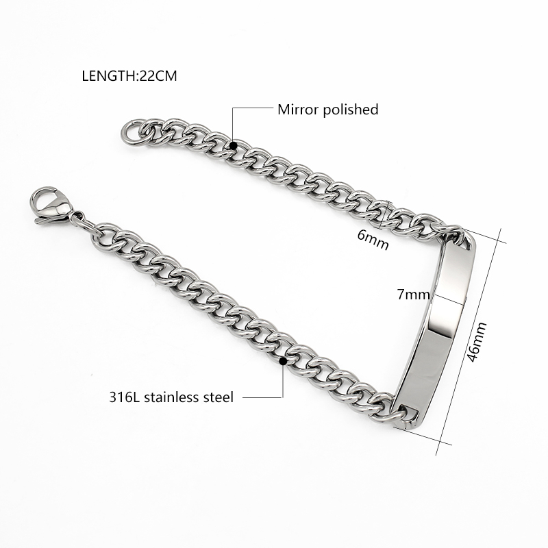 PVD Stainless Steel Custom Name Engraved Couple Silver Bracelet Cuban Link Chain Personalized ID Bar Bracelet for Men Women