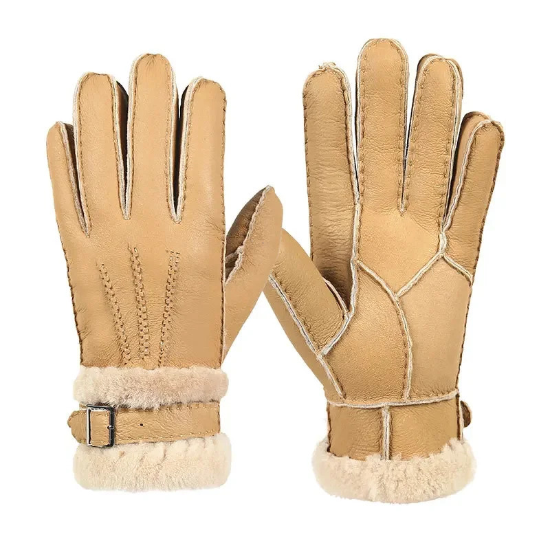 100 Genuine Sheepskin Leather Gloves Women Winter Autumn Fashion Warm Fleece Snow Mittens Men Outdoor Five Finger Wrist Gloves 251024
