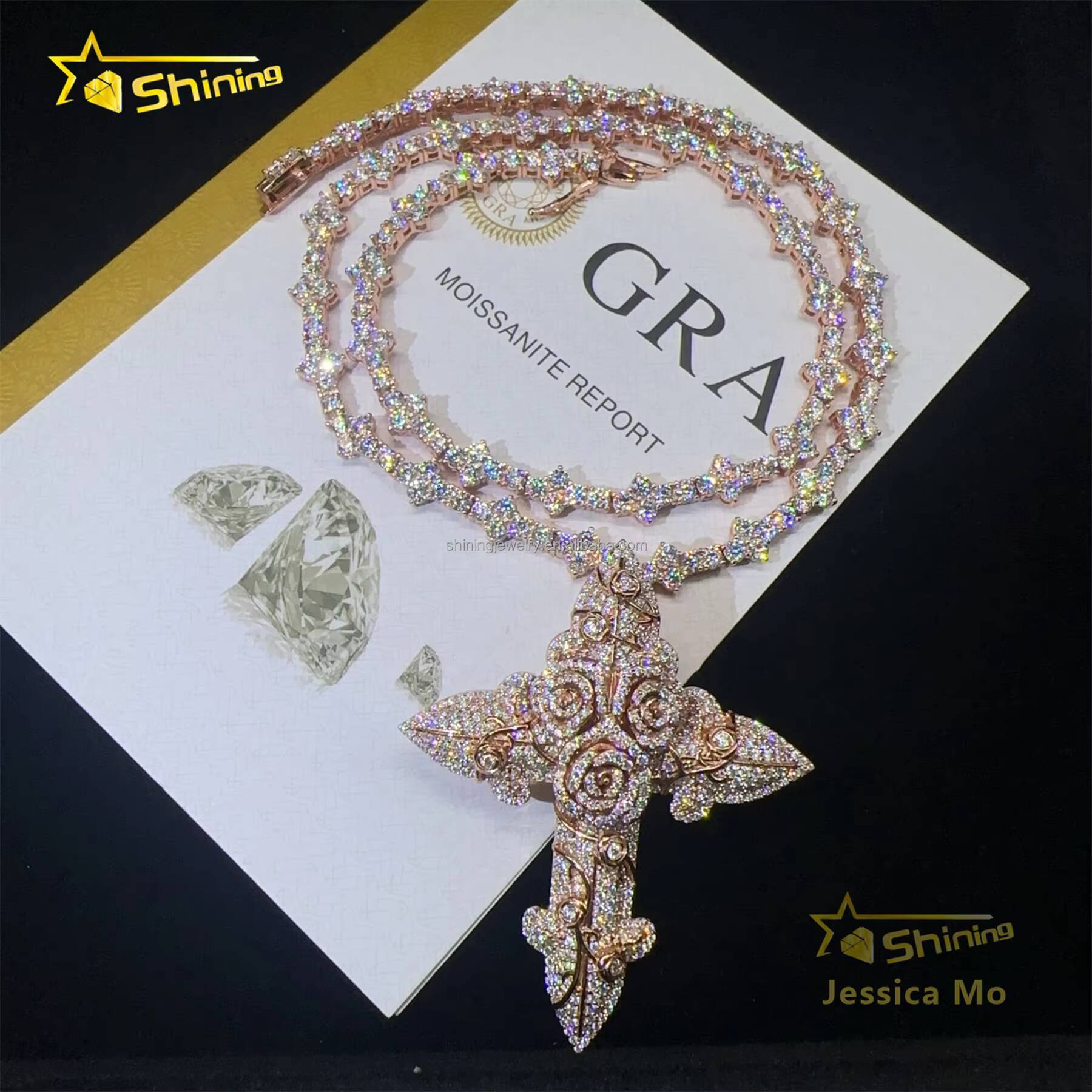 Bulk Stock Hip Hop Stylish Rapper Jewelry D VVS1 Moissanite Diamond S925 Silver Rose Gold Iced Out Man Rose Flower Cross Pendant