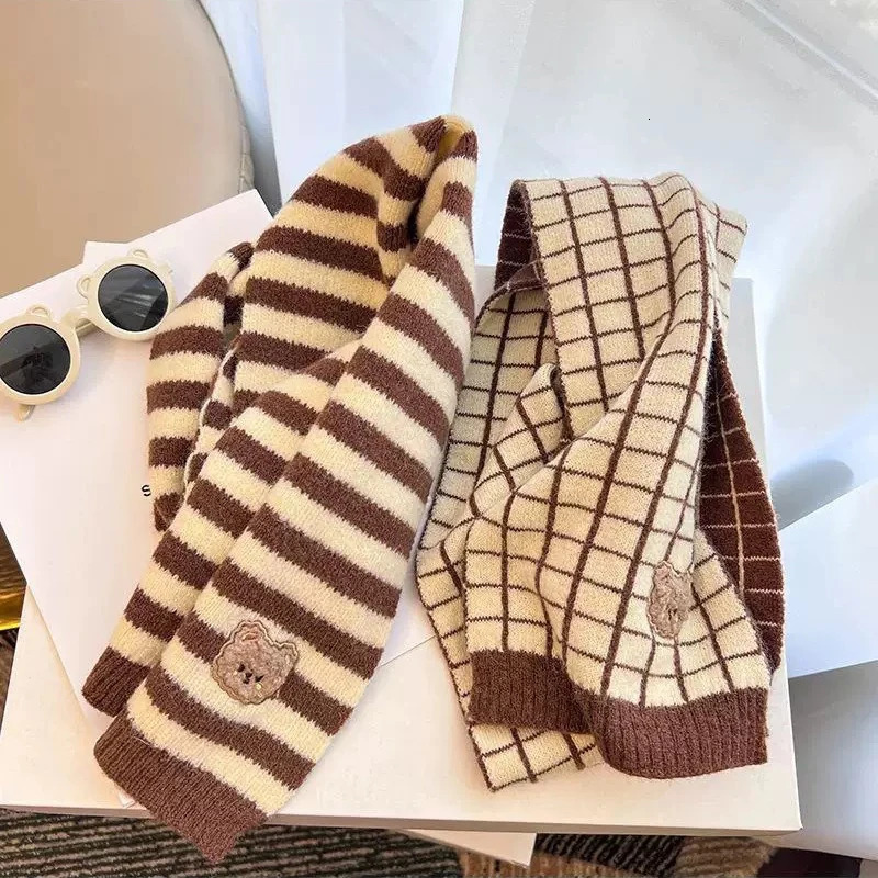 Cute Plaid Striped Bear Kids Scarf Korean Knitted Winter Warm Scarves Children Girl Boys Outdoor Coldproof Neckcheif Shawl 251027