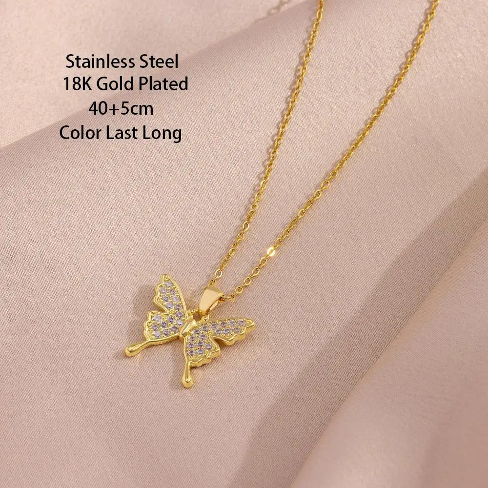 In Fashion Zircon Butterfly Pendant Necklace For Women Female Daily Wear Stainless Steel Clavicle Chain Jewelry Wholesale 251023