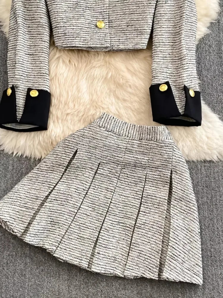 Fashion Set for Women Autumn Winter Tweed High Collar Short Wool Jacket TwoPiece HighWaisted ALine Pleated skirt suits 251023