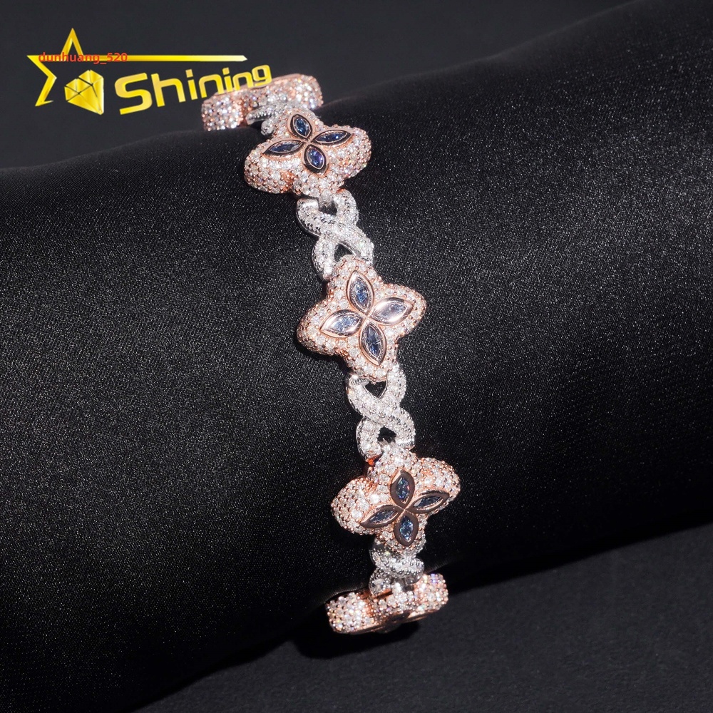 GRA Certified 925 Sterling Silver Hip Hop Two Tone Infinity Sapphire Marquise Clover Moissanite Diamond Bracelet