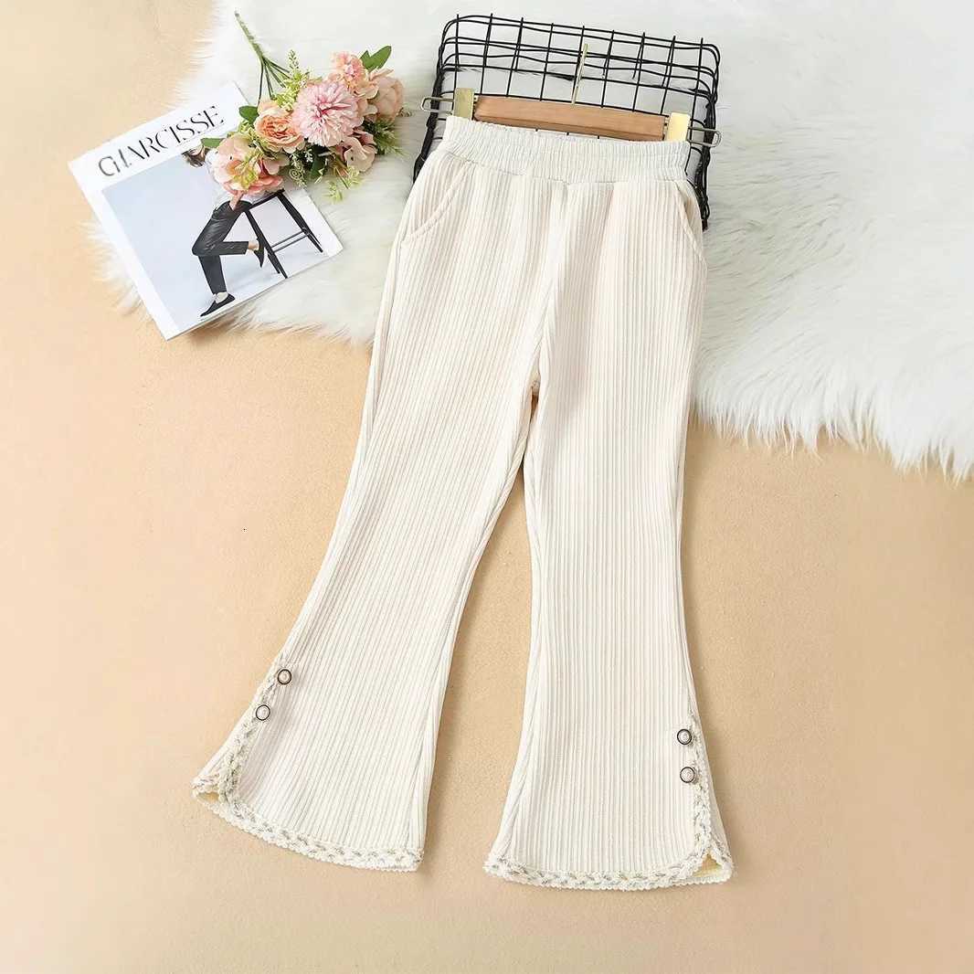 2025 Winter Girls Chenille Flared Pants Thick Fleece Lined Bell Bottoms with Lace Trim Warm Cute Casual TrousersT251027