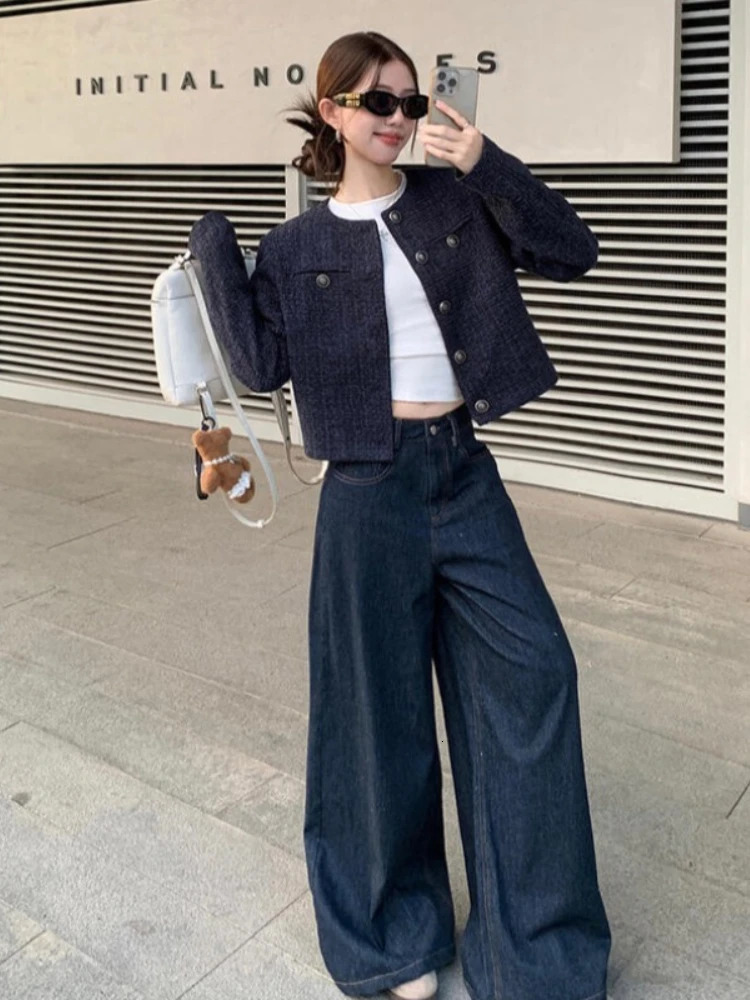 Korean Fashion Womens Short Coat in Autumn and Winter Office Lady Dark Blue Tweed Long Sleeve Crew Neck Elegant Jackets 251027