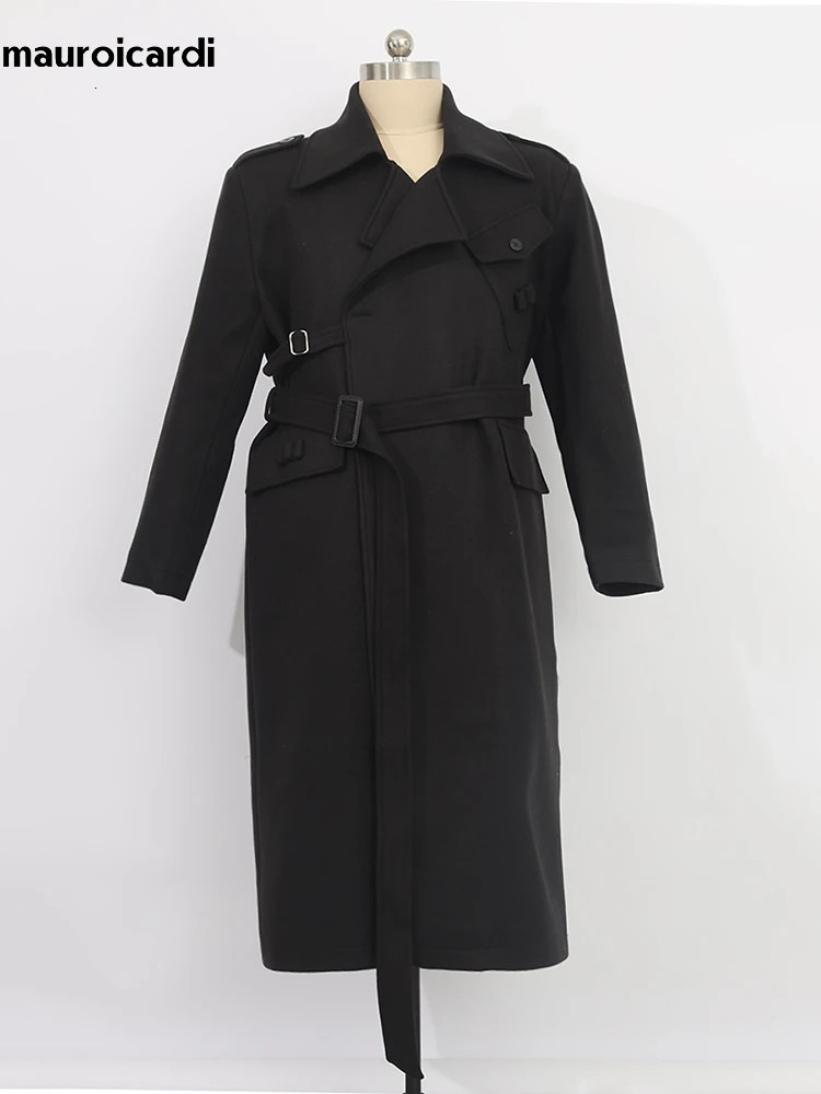 Mauroicardi Autumn Winter Cool Elegant Long Warm Black Woolen Trench Coat Men Belt Clothes Wool Blends Overcoat 251020
