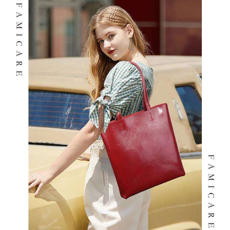 Designer Luxury New Large Capacity Female Split Leather Tote Bags Oil Wax Cowhide Lady Shopping Handbag Women Classic Solid Color Shoulder Bag