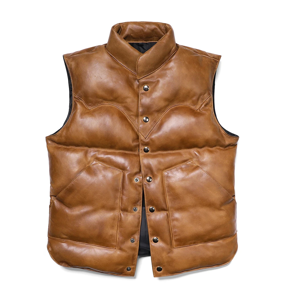 Brown Winter Leather Down Vest Men Casual Style Plus Size 5XL Genuine Natural Sheepskin Stand Collar Single Breasted Vest 251024