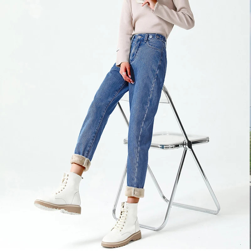 Winter Female High Waist Fashion Grunge Thicken Jeans Girls Y2k Clothes Thermal Harem Pants Women Streetwear Black Blue Trousers 251027