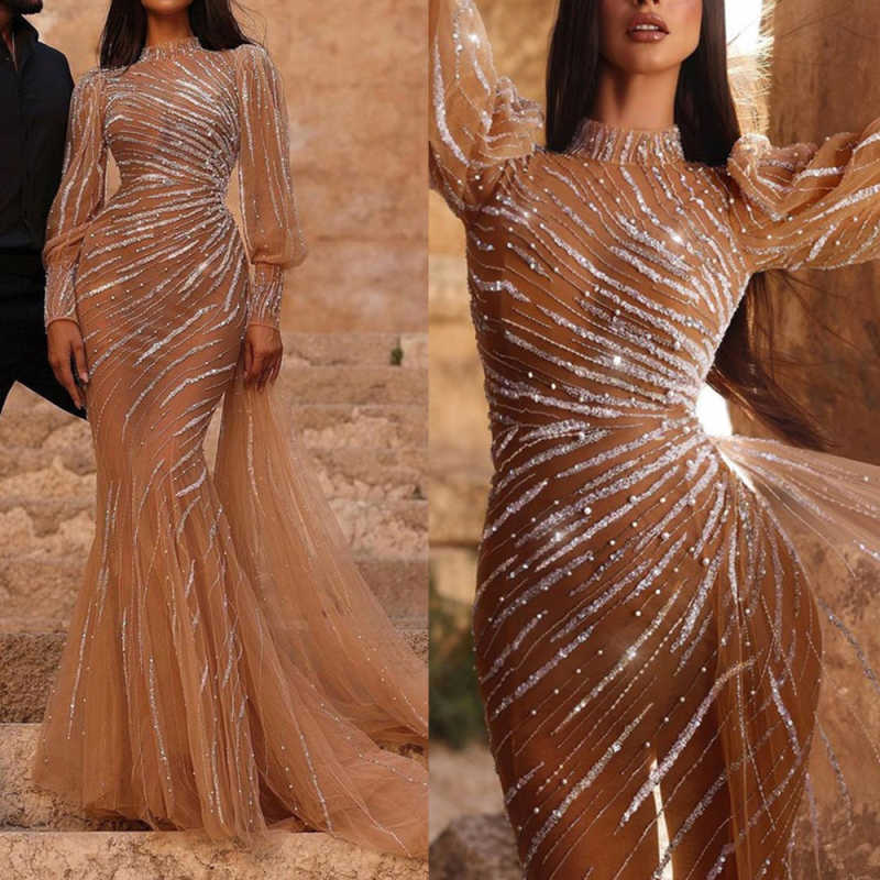 Modern Mermaid Evening Dress Long Sleeve Prom Gowns Shine Beads Tulle Satin Sexy Prom Dress vestidos de novia Size Customized Robes De Mariee L252814